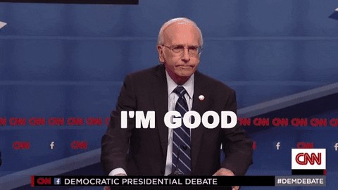 Picture of Larry David impersonating Bernie Sanders saying, "I'm good."