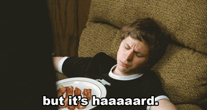 Picture of Michael Cera saying, "but it's hard."