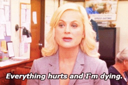 Picture of Leslie Knope from Parks and Recreation saying, "Everything hurts and I'm dying."