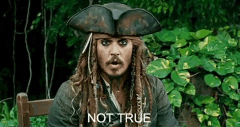 Picture of Johnny Depp in Pirates of the Caribbean saying "Not true, of course not"