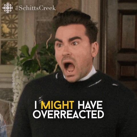 Picture of David from Schitt's Creek saying, "I might have overreacted."