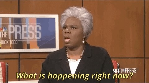 Picture of Leslie Jones saying "what is happening right now?"