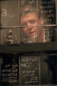 Russell Crowe from Beautiful Mind writing out equations